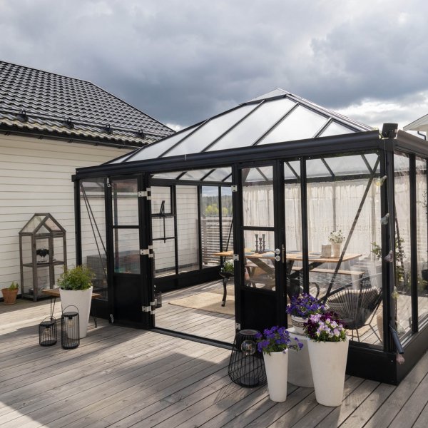 Oranssi ja viherhuone 19,2m² | Neliönmuotoinen premium-kasvihuone Oranssi ja viherhuone 19,2m² | Neliönmuotoinen premium-kasvihuone