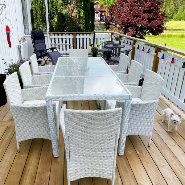 Ulkokalusteet valkoista keinorottinkia | Ruokailuryhm� 8 tuolia | Lyfco Lysekil