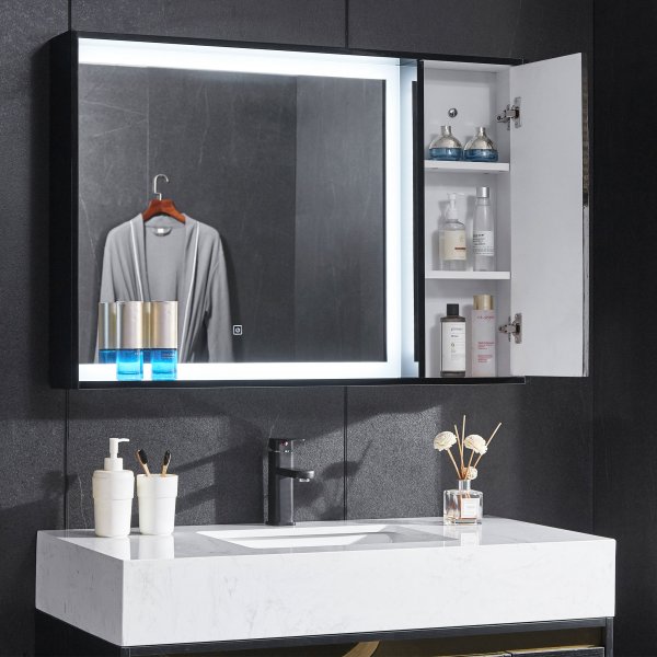 Peili, jossa on sisäänrakennettu LED-valaistus ja sivukaappi Peili, jossa on sisäänrakennettu LED-valaistus ja sivukaappi