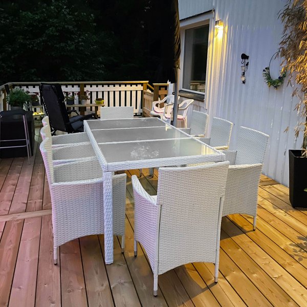 Ulkokalusteet valkoista keinorottinkia | Ruokailuryhm� 8 tuolia | Lyfco Lysekil