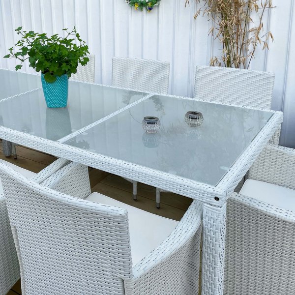 Ulkokalusteet valkoista keinorottinkia | Ruokailuryhm� 8 tuolia | Lyfco Lysekil