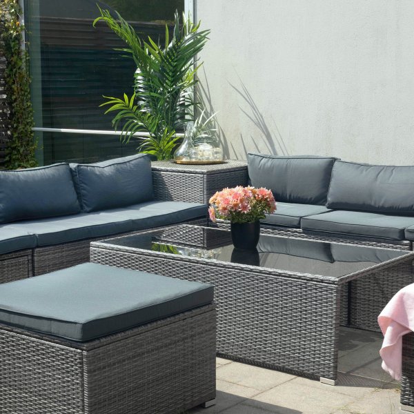 Suuri lounge-ryhmä | Kolme älykästä säilytystilaa | Harmaa synteettinen rottinki Suuri lounge-ryhmä | Kolme älykästä säilytystilaa | Harmaa synteettinen rottinki