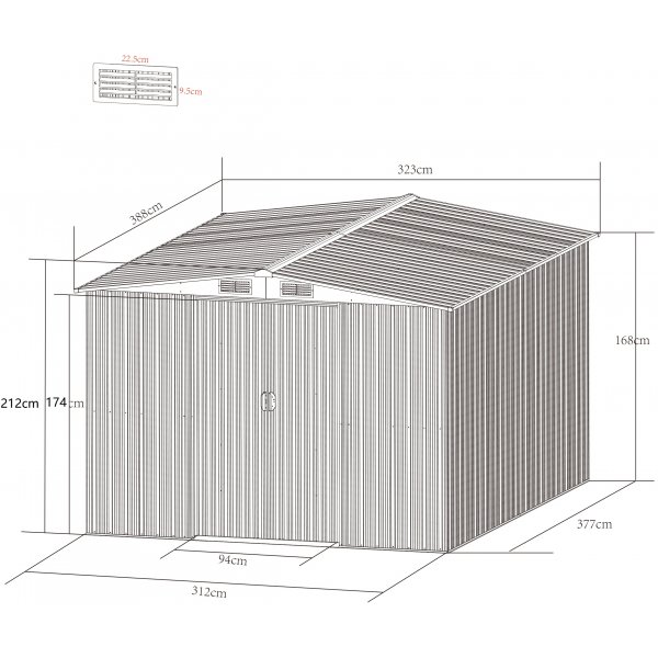 Varasto- ja työkaluvaja 12,5m² | Kaksoisliukuovi | Mukana pohja | Valkoinen Varasto- ja työkaluvaja 12,5m² | Kaksoisliukuovi | Mukana pohja | Valkoinen